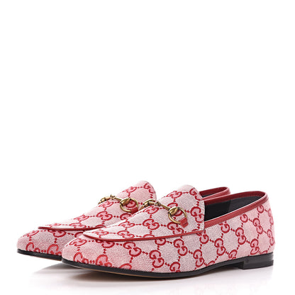 Gucci Canvas GG Monogram Horsebit Womens Jordaan Loafers 38.5 Gardenia Hibiscus Red 3 of 9