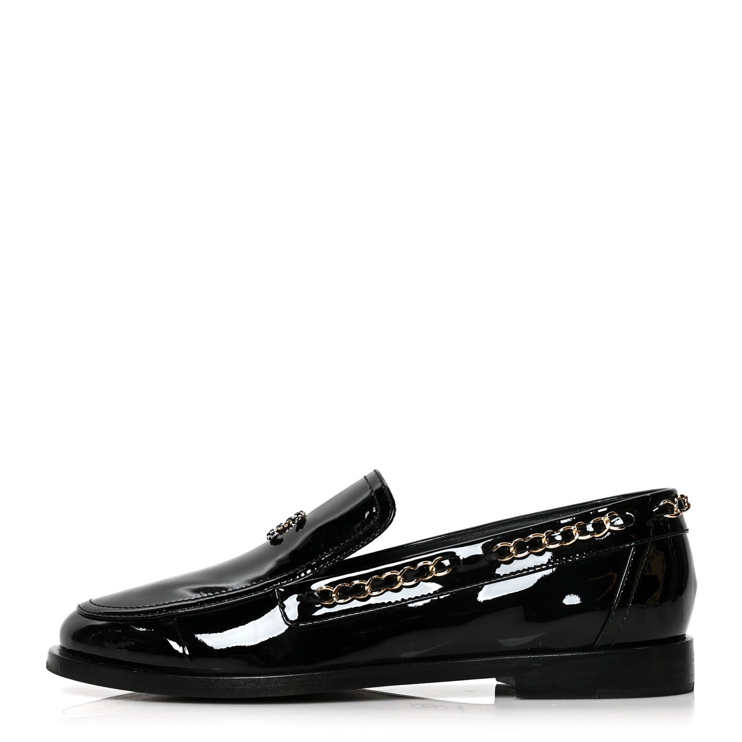 Patent Calfskin CC Chain Mocassin Loafers 38.5 Black