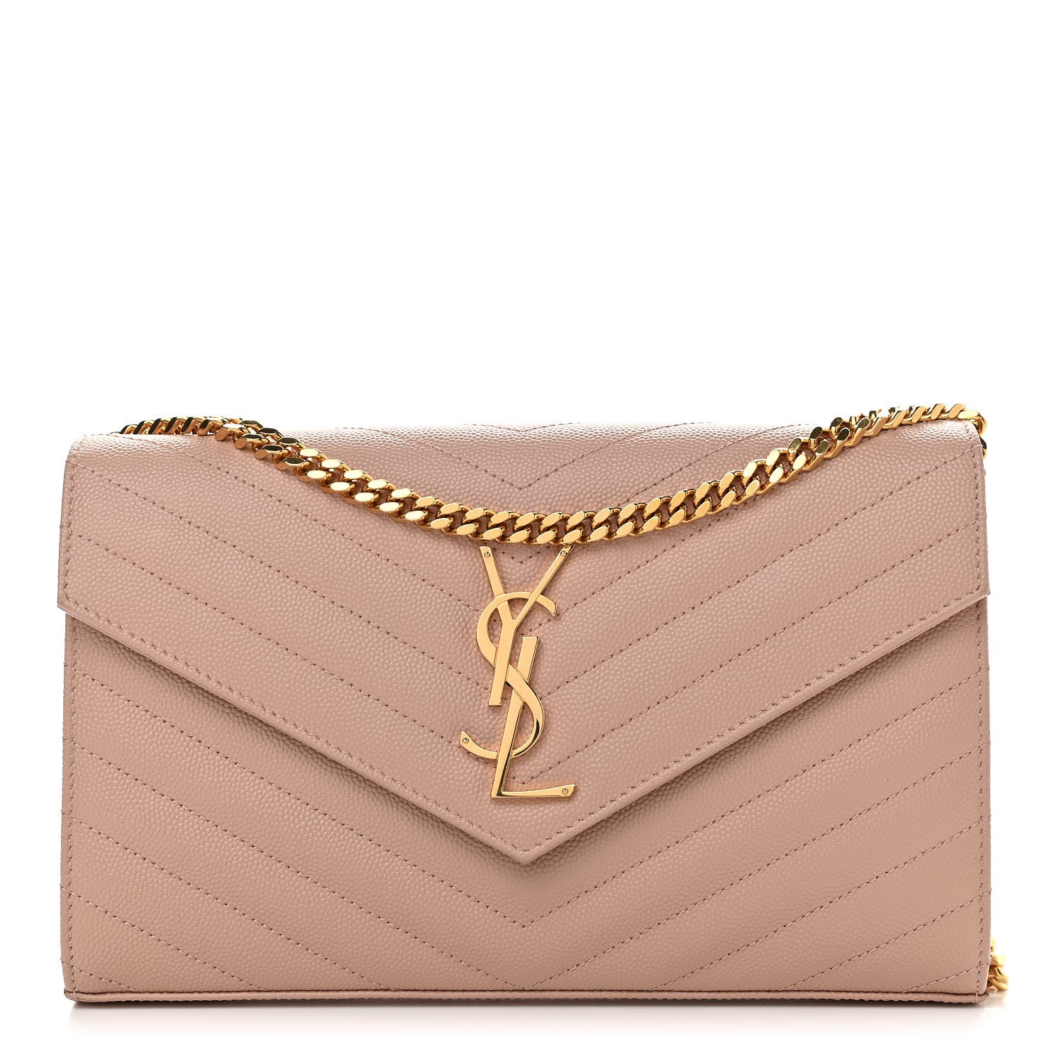 Saint Laurent Grain De Poudre Matelasse Chevron Monogram Chain Wallet Pale Pink 1 of 13