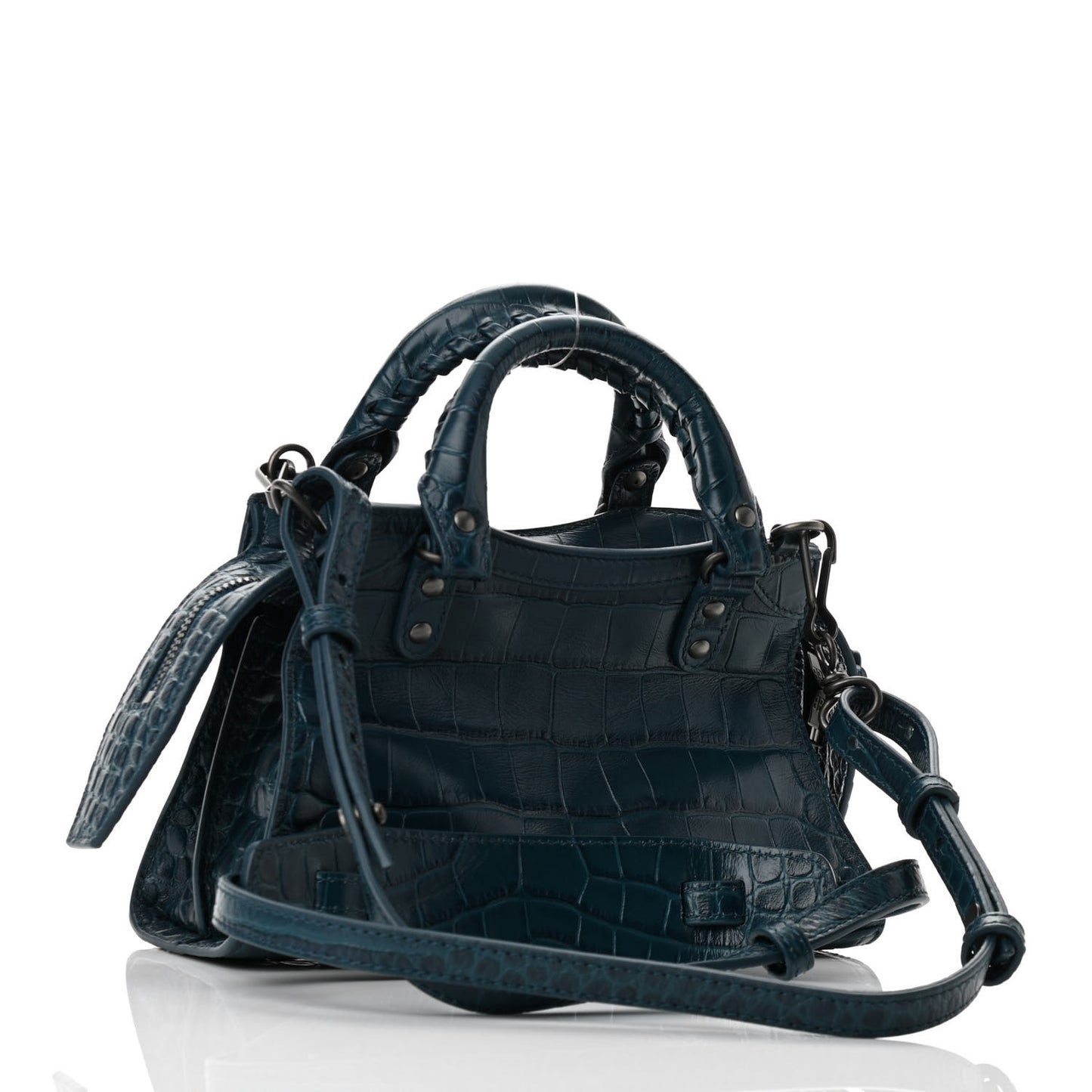 Calfskin Crocodile Embossed Neo Classic Silver Hardware Mini City Dark Petrol Blue
