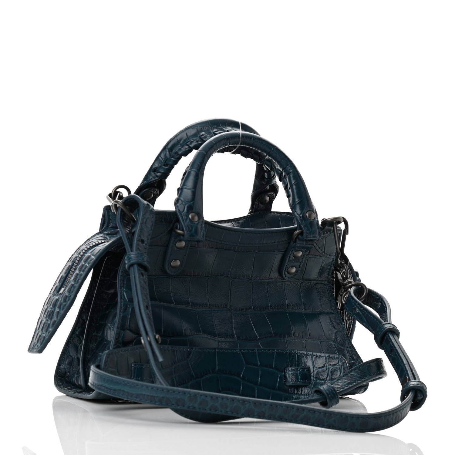 Balenciaga Calfskin Crocodile Embossed Neo Classic Silver Hardware Mini City Dark Petrol Blue 3 of 9