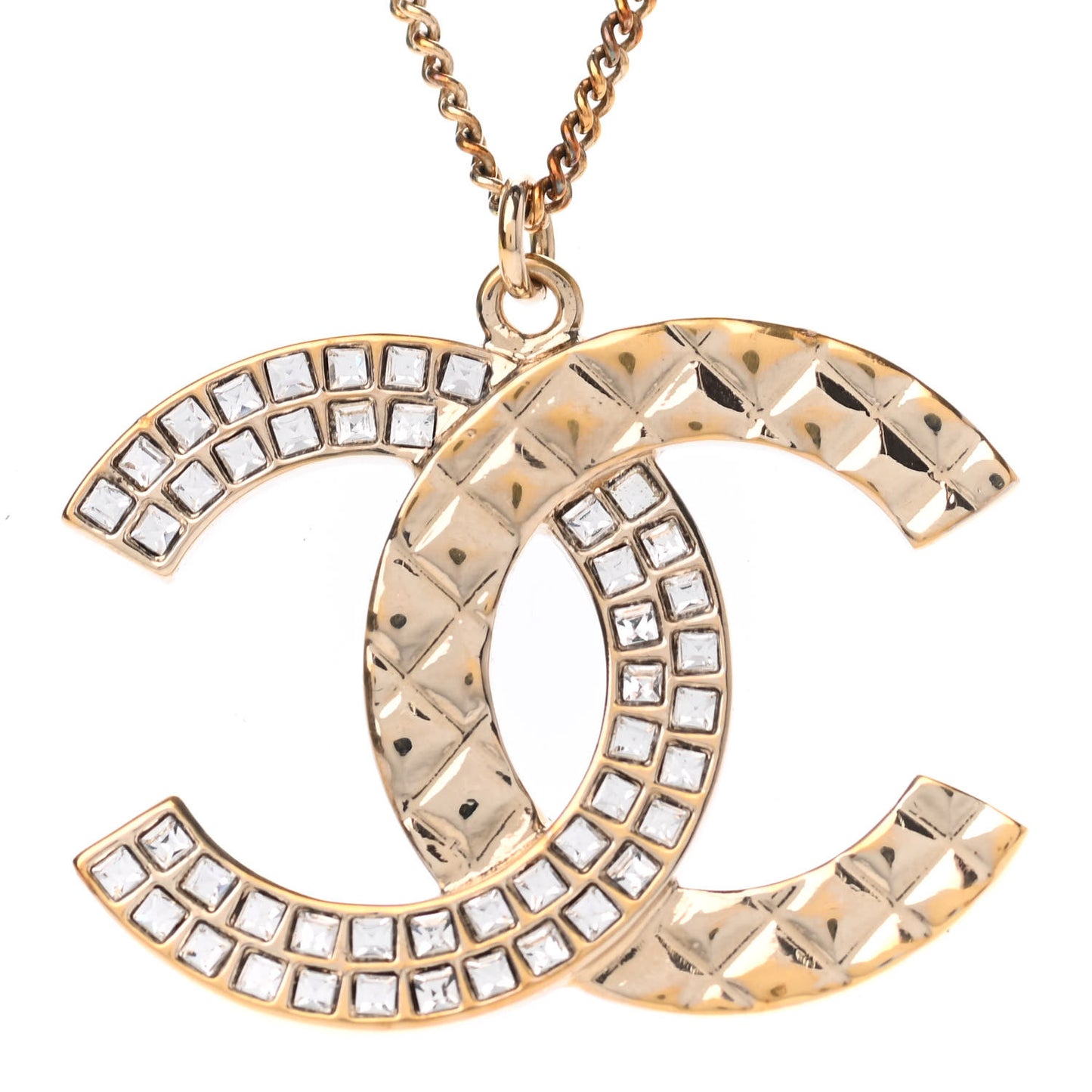 Baguette Crystal Quilted CC Pendant Necklace Gold