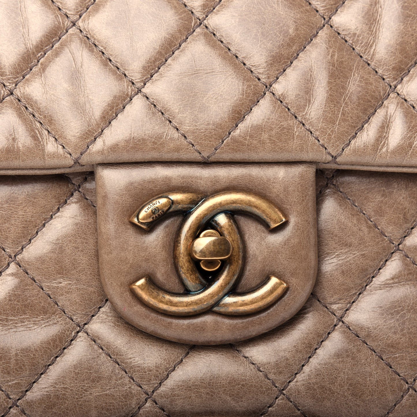Glazed Calfskin Large Castle Rock Flap Dark Beige