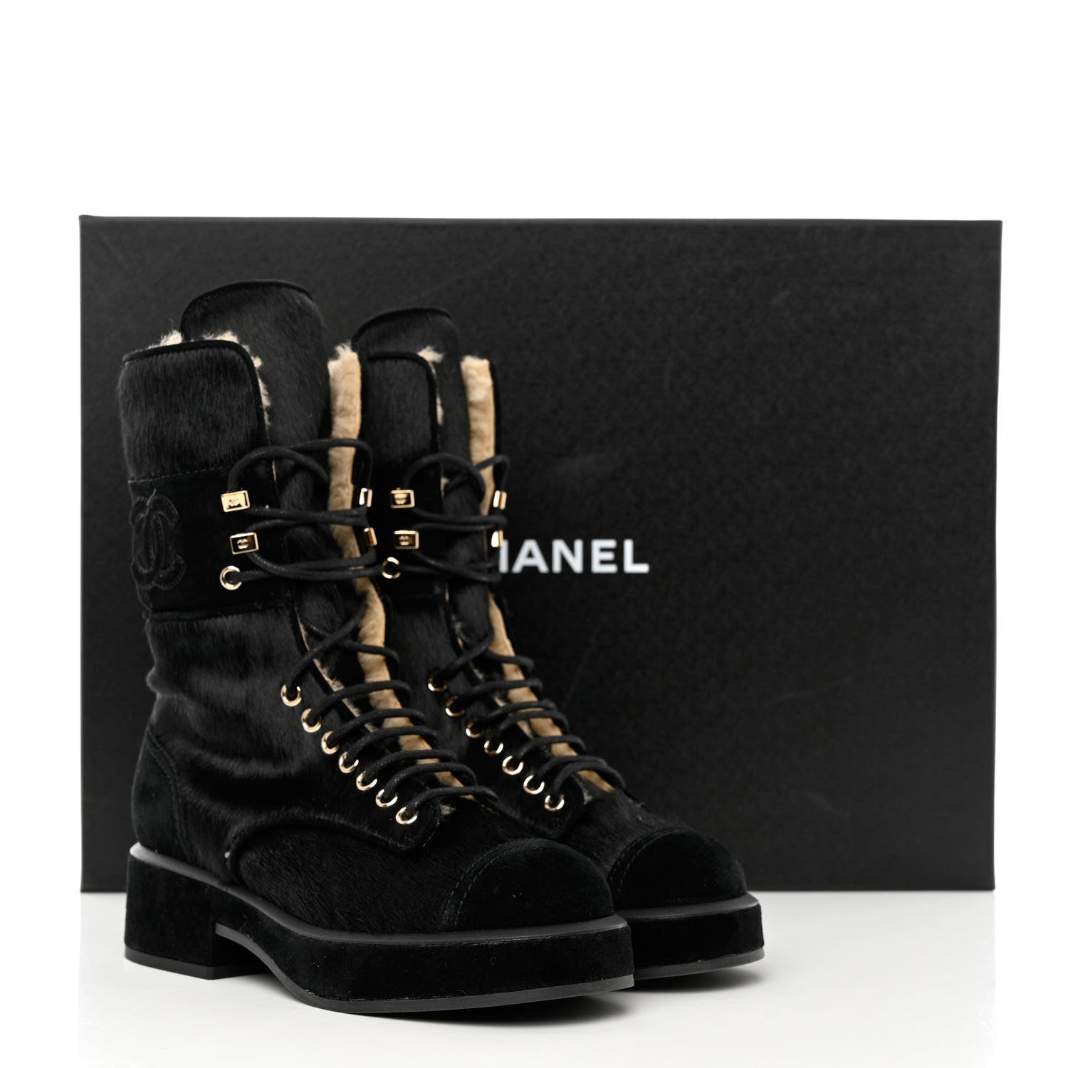 Chanel Suede Pony Hair Shearling Lace Up Combat Boots 35 Black White 13 of 13