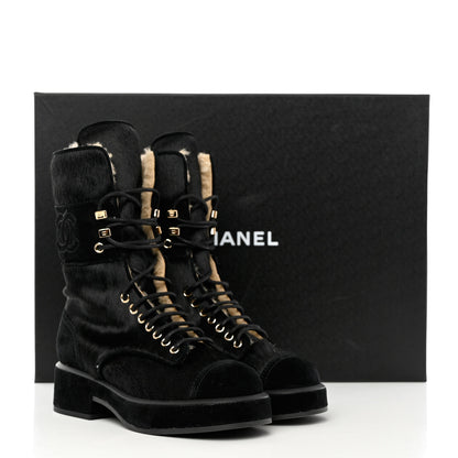Chanel Suede Pony Hair Shearling Lace Up Combat Boots 35 Black White 13 of 13