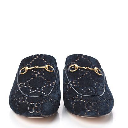 Gucci Velvet GG Monogram Womens Princetown Slippers 41 Blue Beige 2 of 7