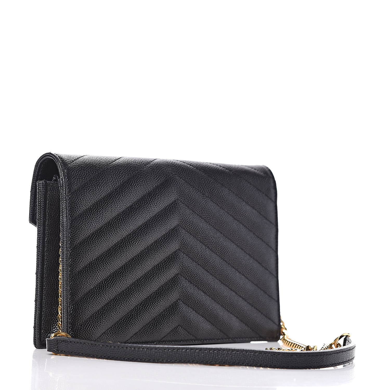 Saint Laurent Grain De Poudre Matelasse Chevron Monogram Envelope Chain Wallet Black 3 of 11