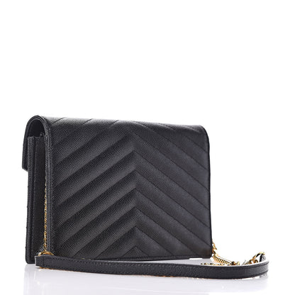 Saint Laurent Grain De Poudre Matelasse Chevron Monogram Envelope Chain Wallet Black 3 of 11