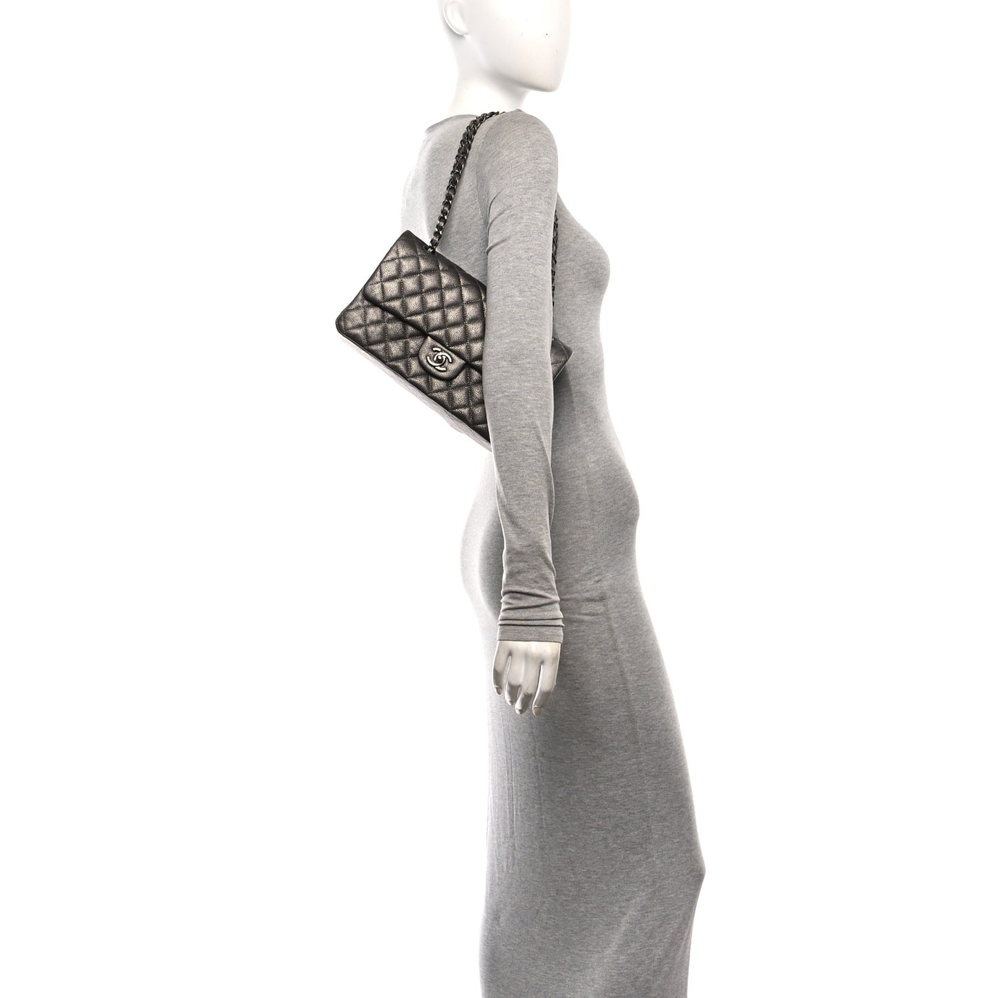 Metallic Caviar Quilted Medium Double Flap Dark Grey