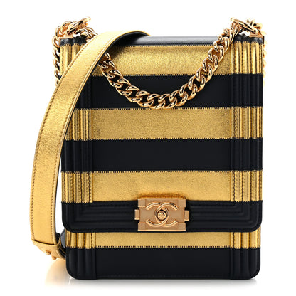 Chanel Metallic Lambskin Striped North South Boy Flap Navy Gold 1 of 10