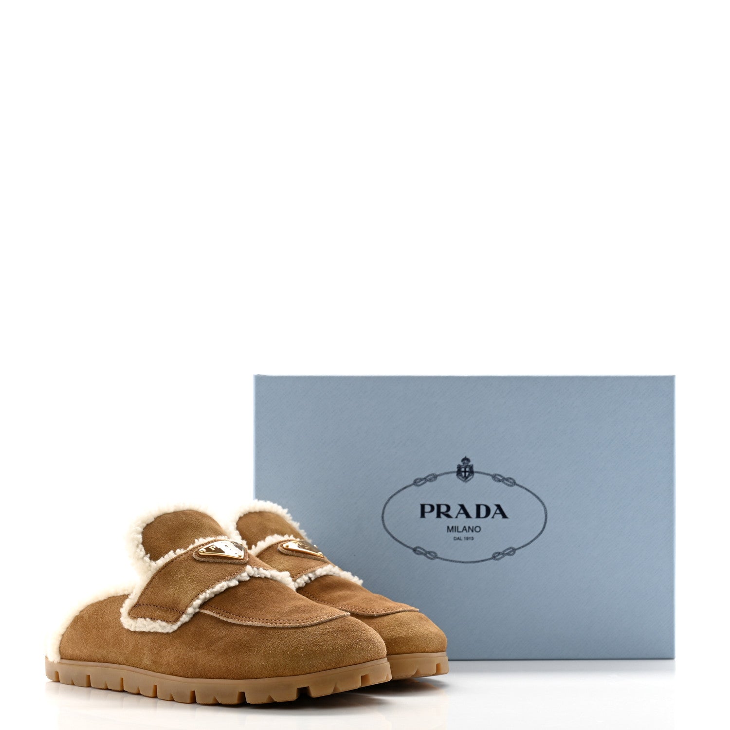 Prada Suede Shearling Metal Triangle Logo Lug Sole 20mm Mules 38 Beige 8 of 8