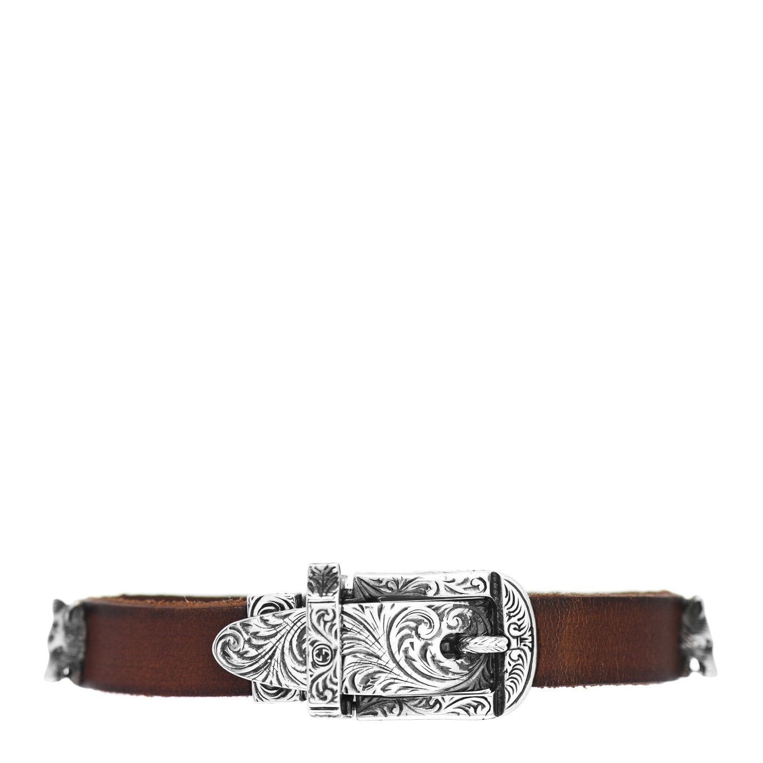 Gucci Sterling Silver Leather Anger Forest Wolf Head Bracelet 1 of 4