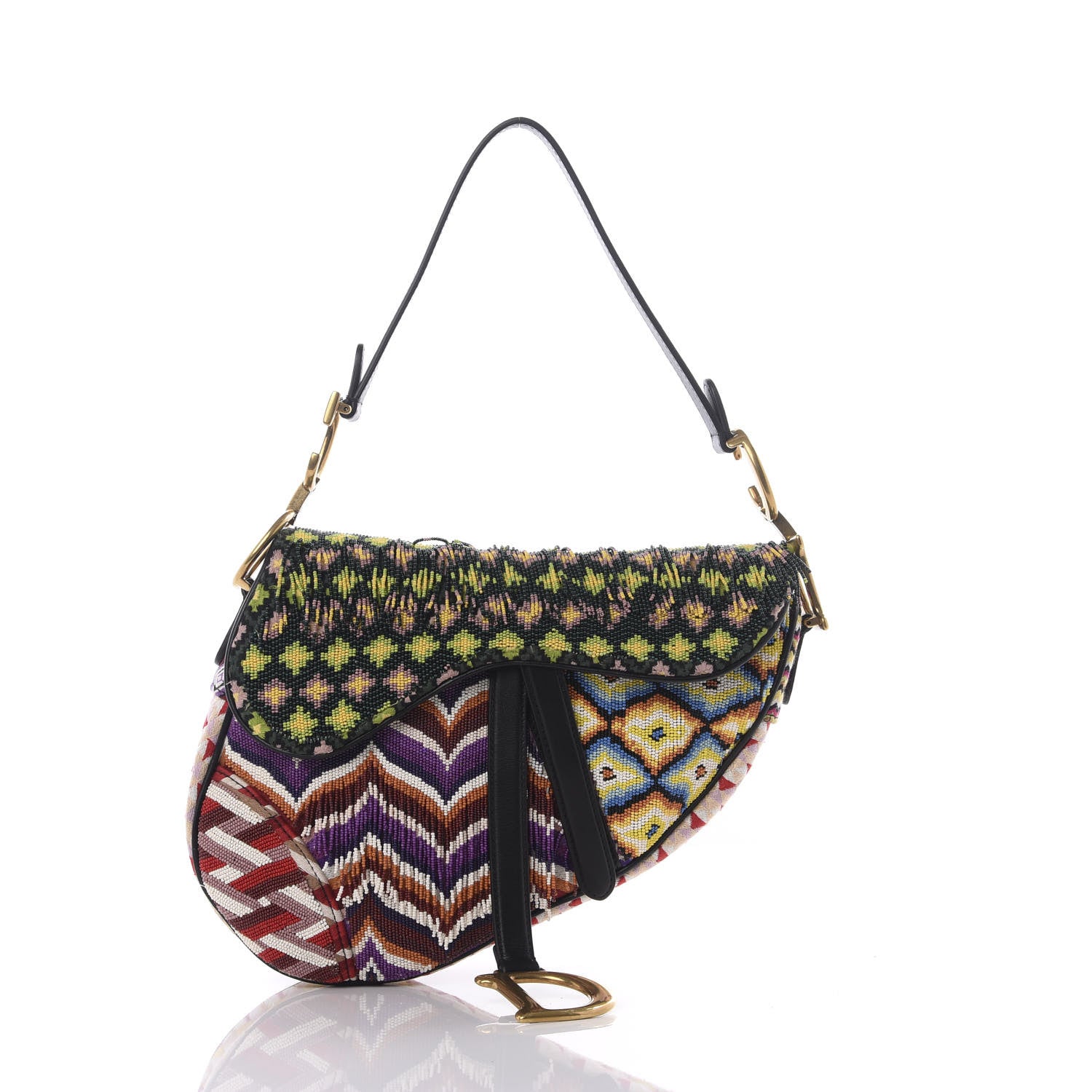 Christian Dior Embroidered Fringe Beaded Medium Saddle Bag Green Multicolor 1 of 7