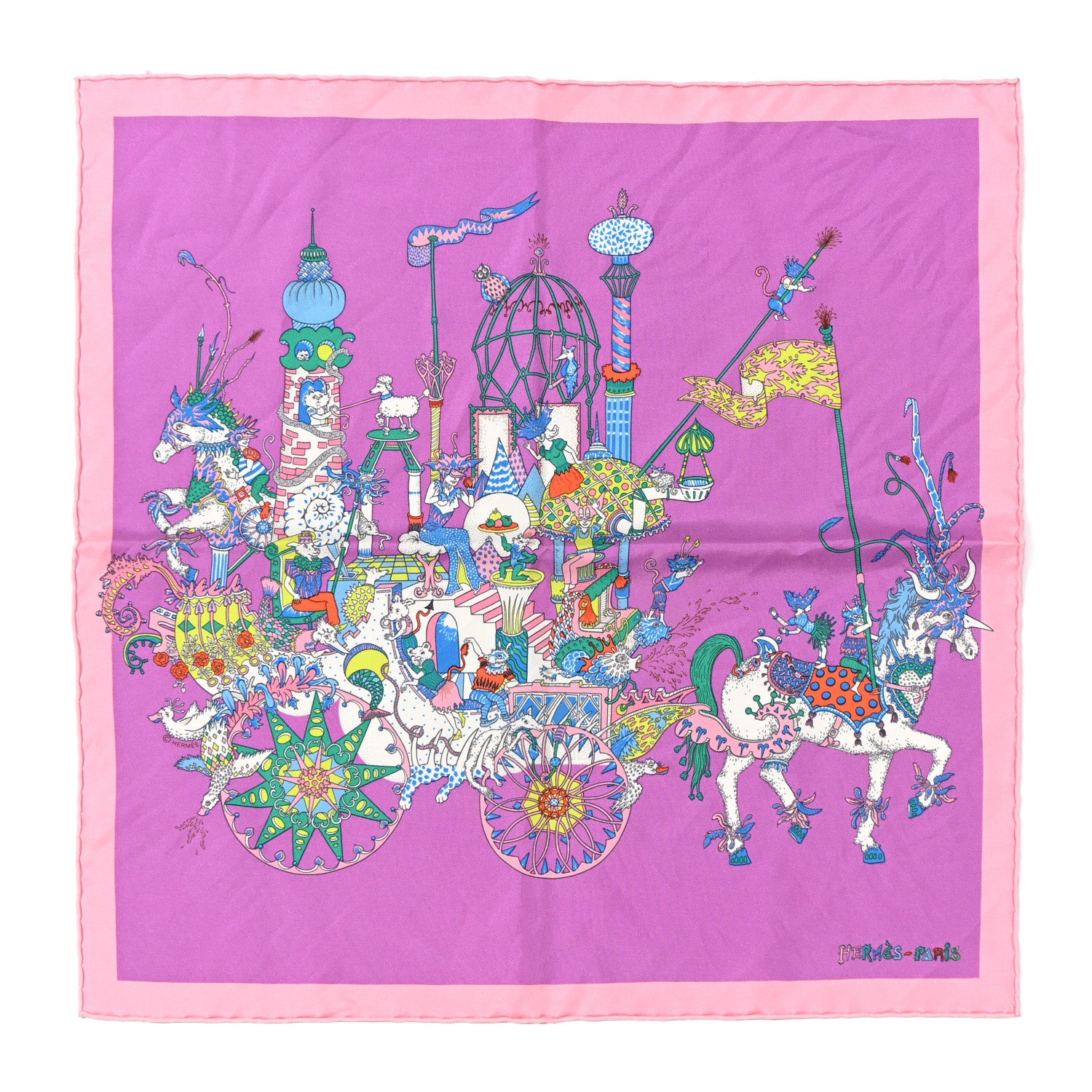 Hermes Silk La Folle Parade Zoom Scarf 45 Mauve Vert Rose 1 of 9