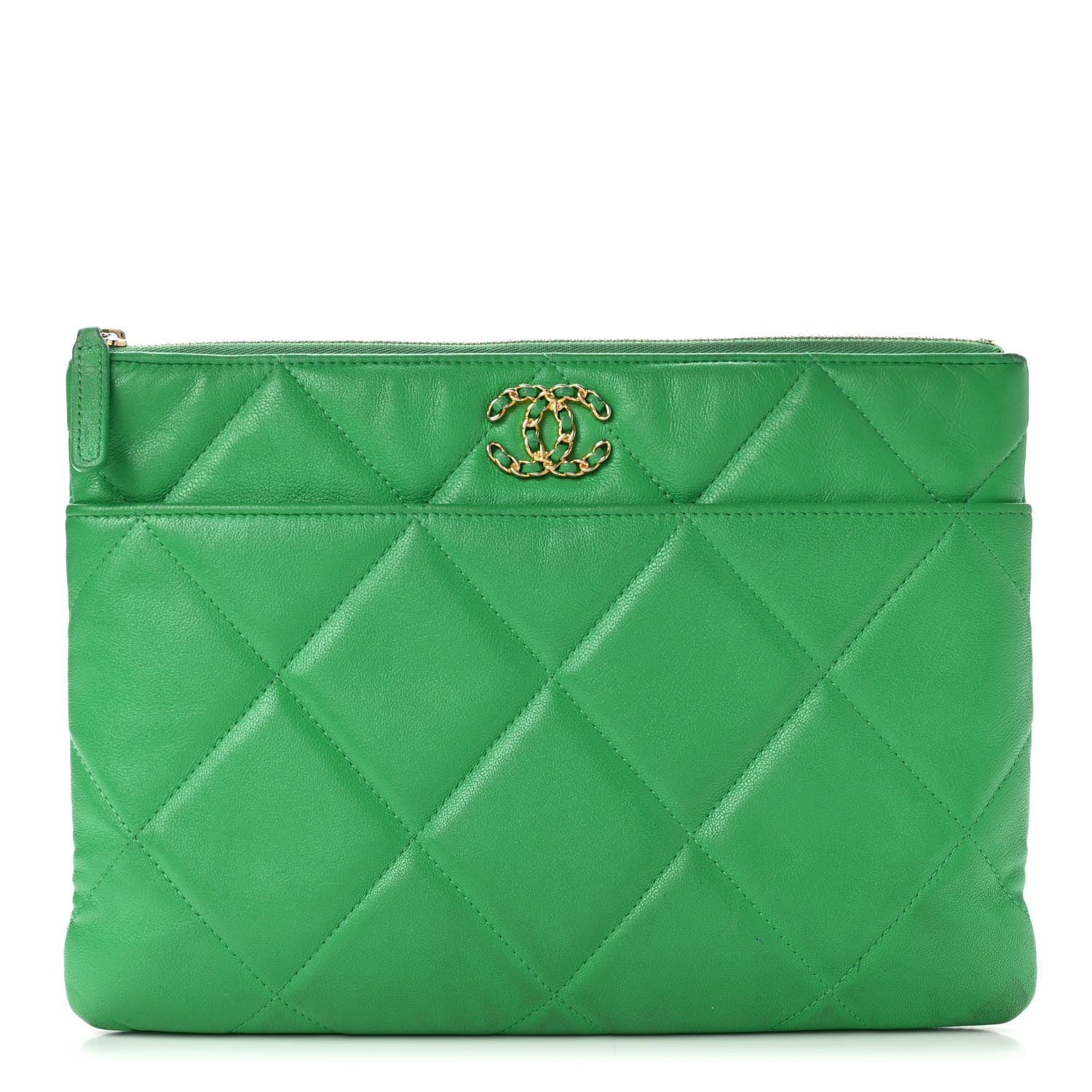 Chanel Shiny Goatskin Quilted Chanel 19 Pouch Green 1 of 15