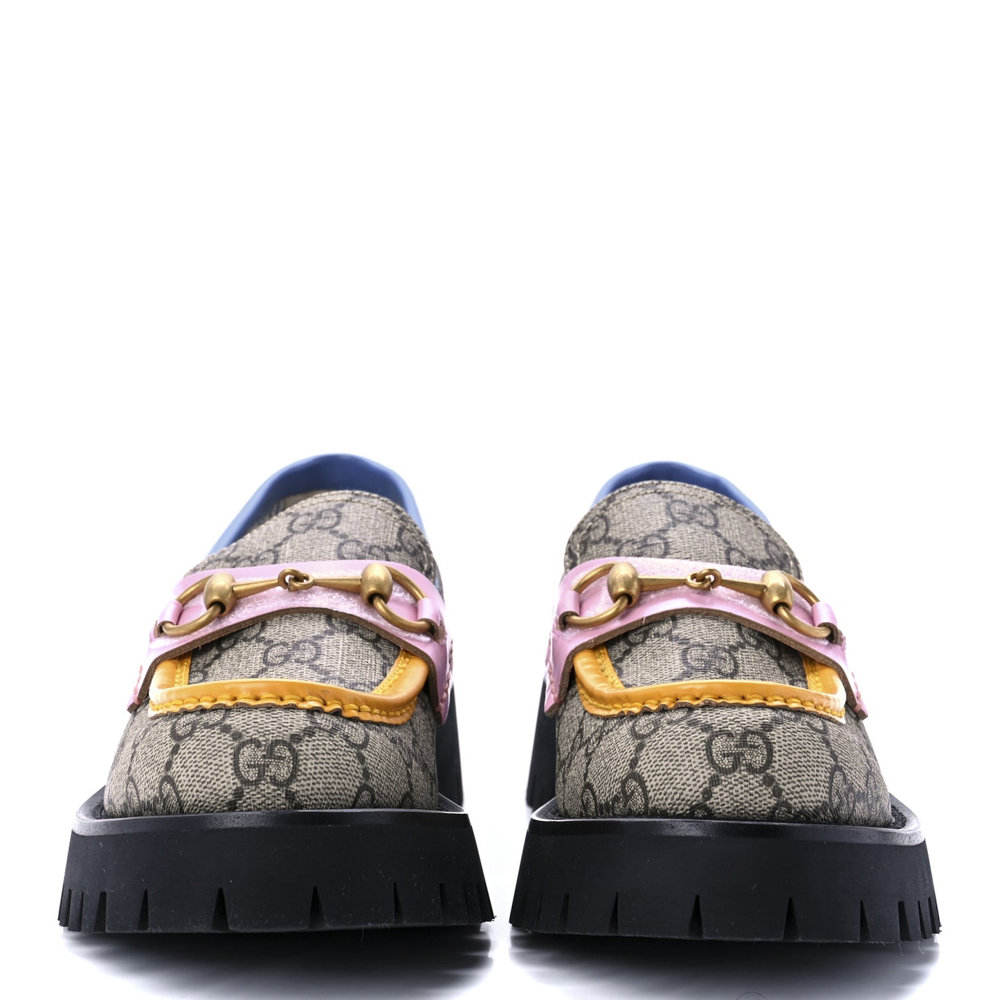 GG Supreme Monogram Cordovan Lux Womens Harald Horsebit 25mm Platform Loafers 37 Beige Sugar Pink Crop Shine Purple Marine