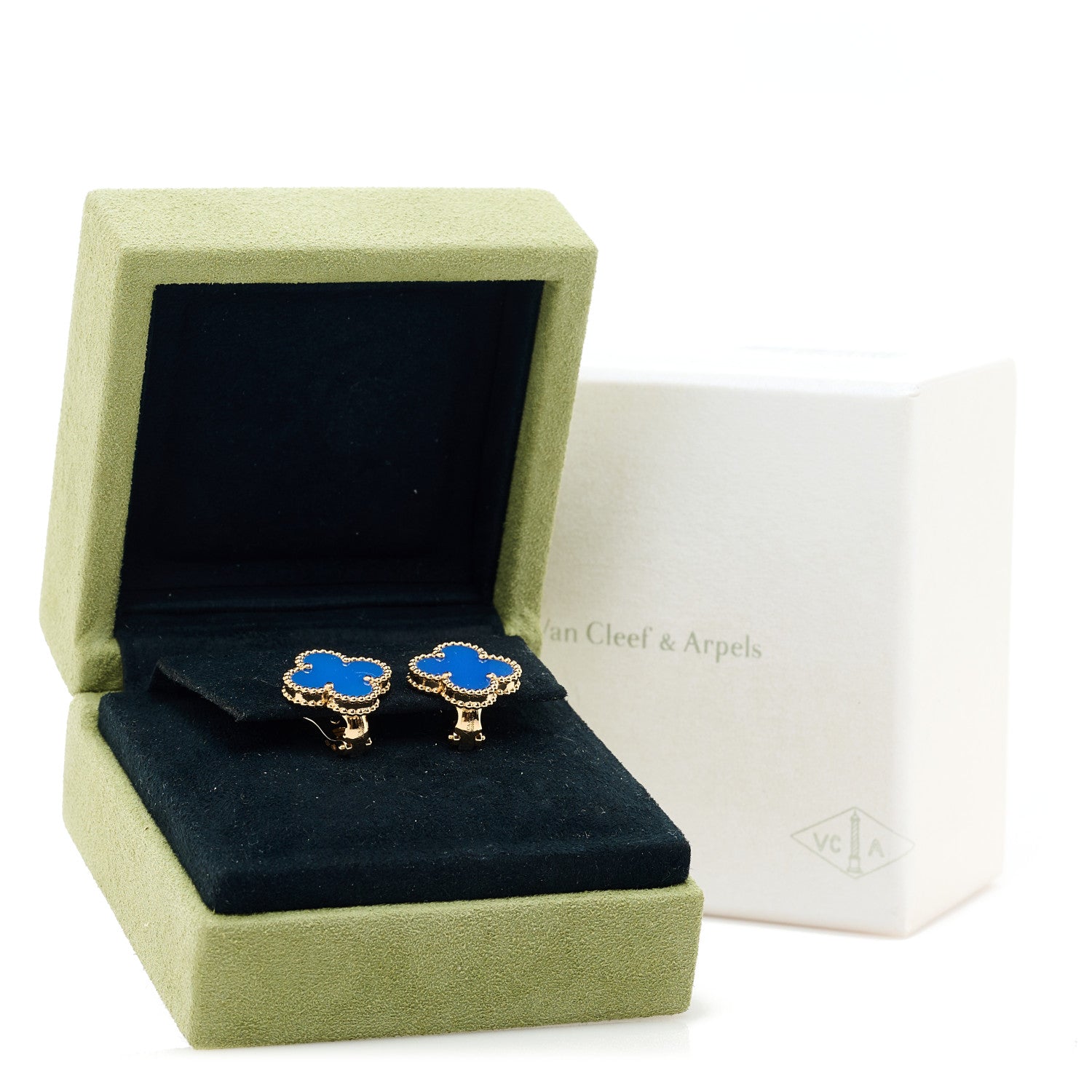 Van Cleef & Arpels 18K Yellow Gold Blue Agate Vintage Alhambra Earrings 5 of 5
