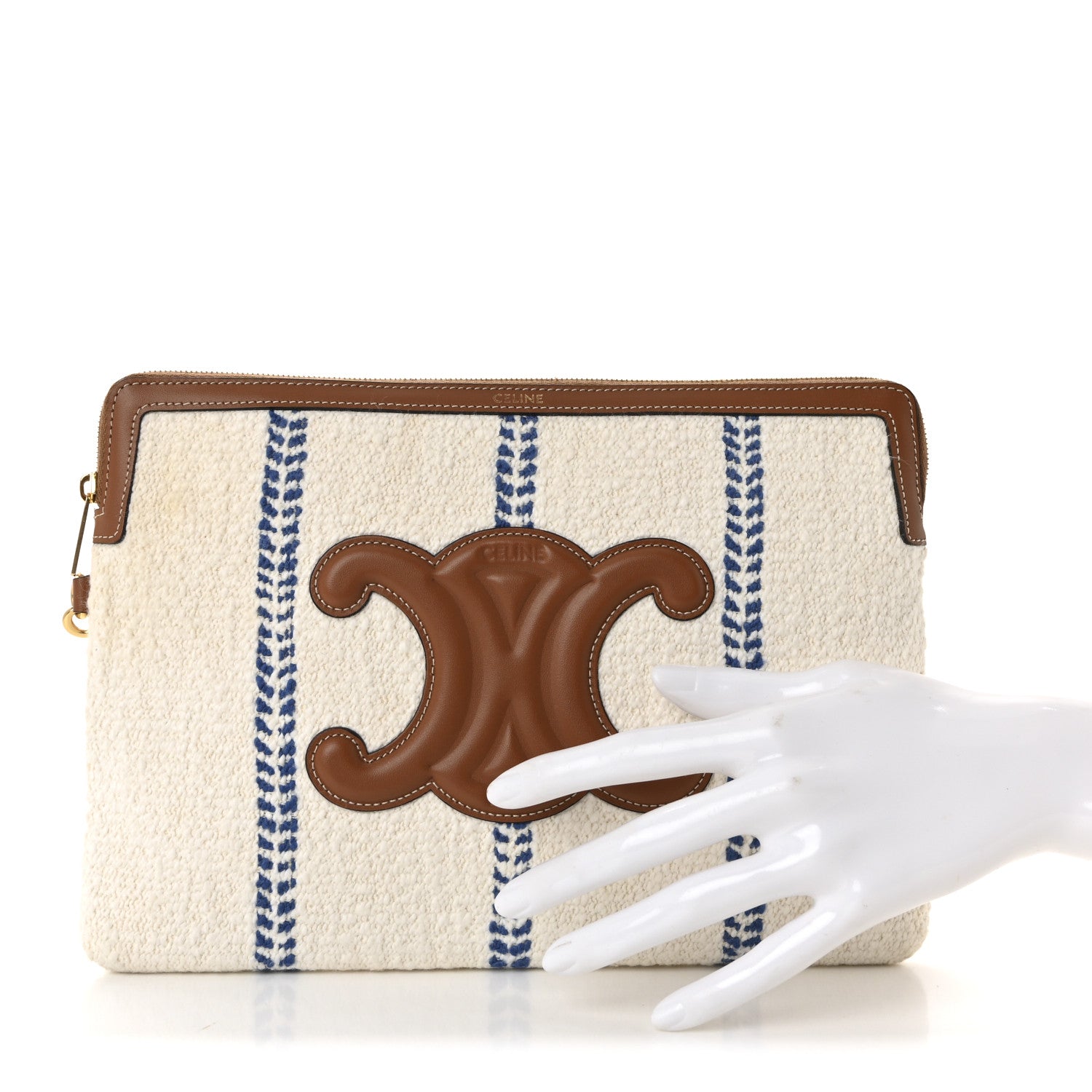 Celine Canvas Calfskin Stripe Triomphe Pouch Thais White Blue