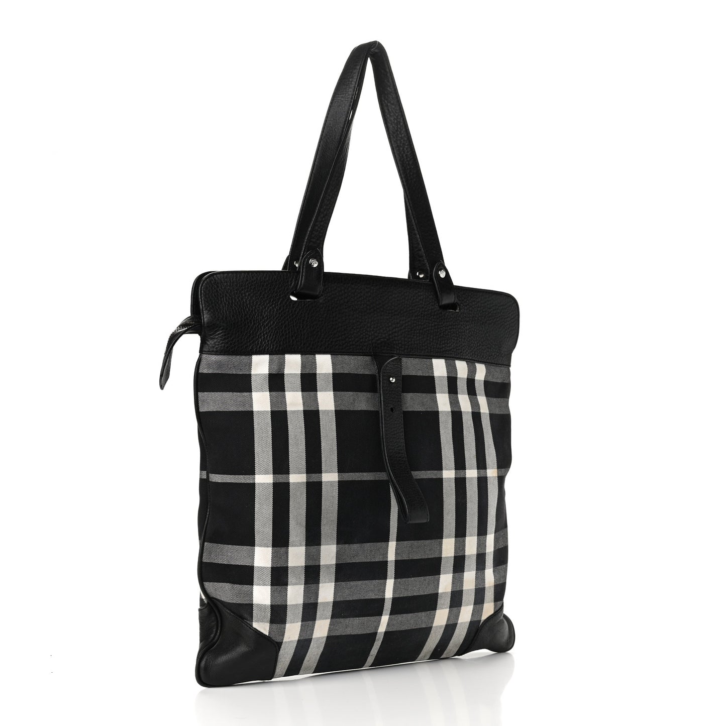 Canvas Check Calfskin Roll-Up Tote Black White