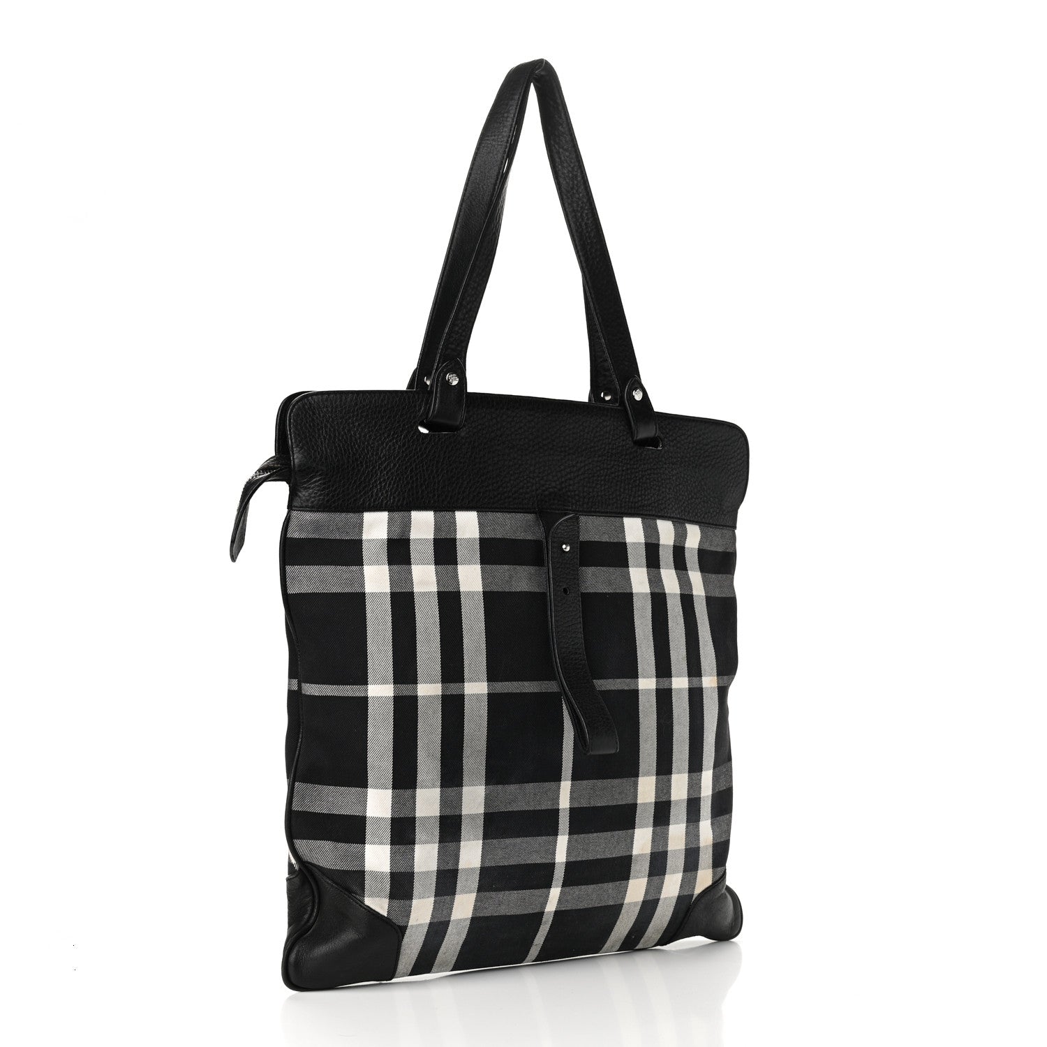 Burberry Canvas Check Calfskin Roll-Up Tote Black White 3 of 11