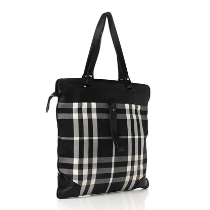 Burberry Canvas Check Calfskin Roll-Up Tote Black White 3 of 11
