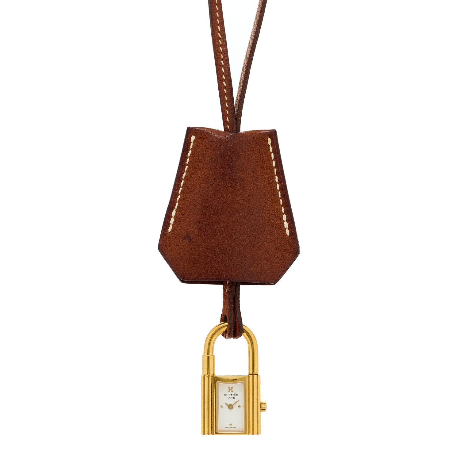 Hermes Stainless Steel Barenia Kelly Clochette Necklace Watch Fauve 1 of 7