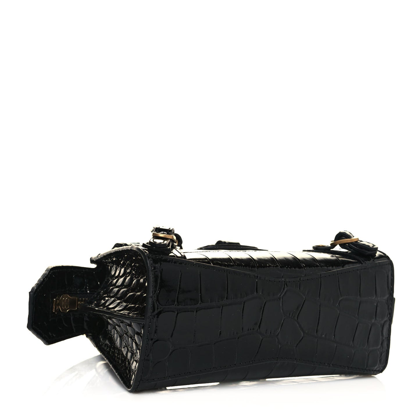 Shiny Supple Calfskin Crocodile Embossed Neo Classic Gold Hardware Super Nano City Crossbody Black