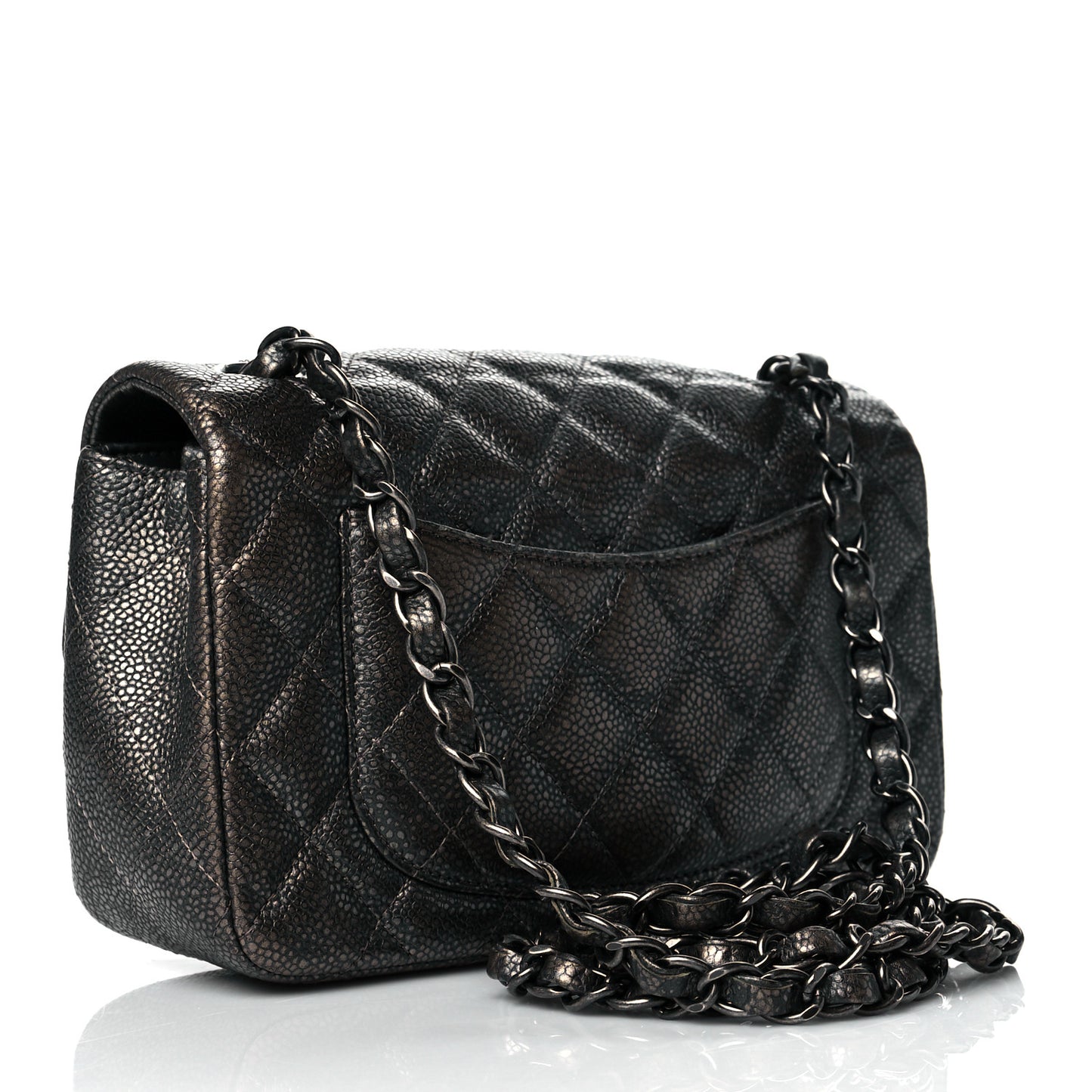 Metallic Caviar Quilted Mini Rectangular Flap Dark Grey