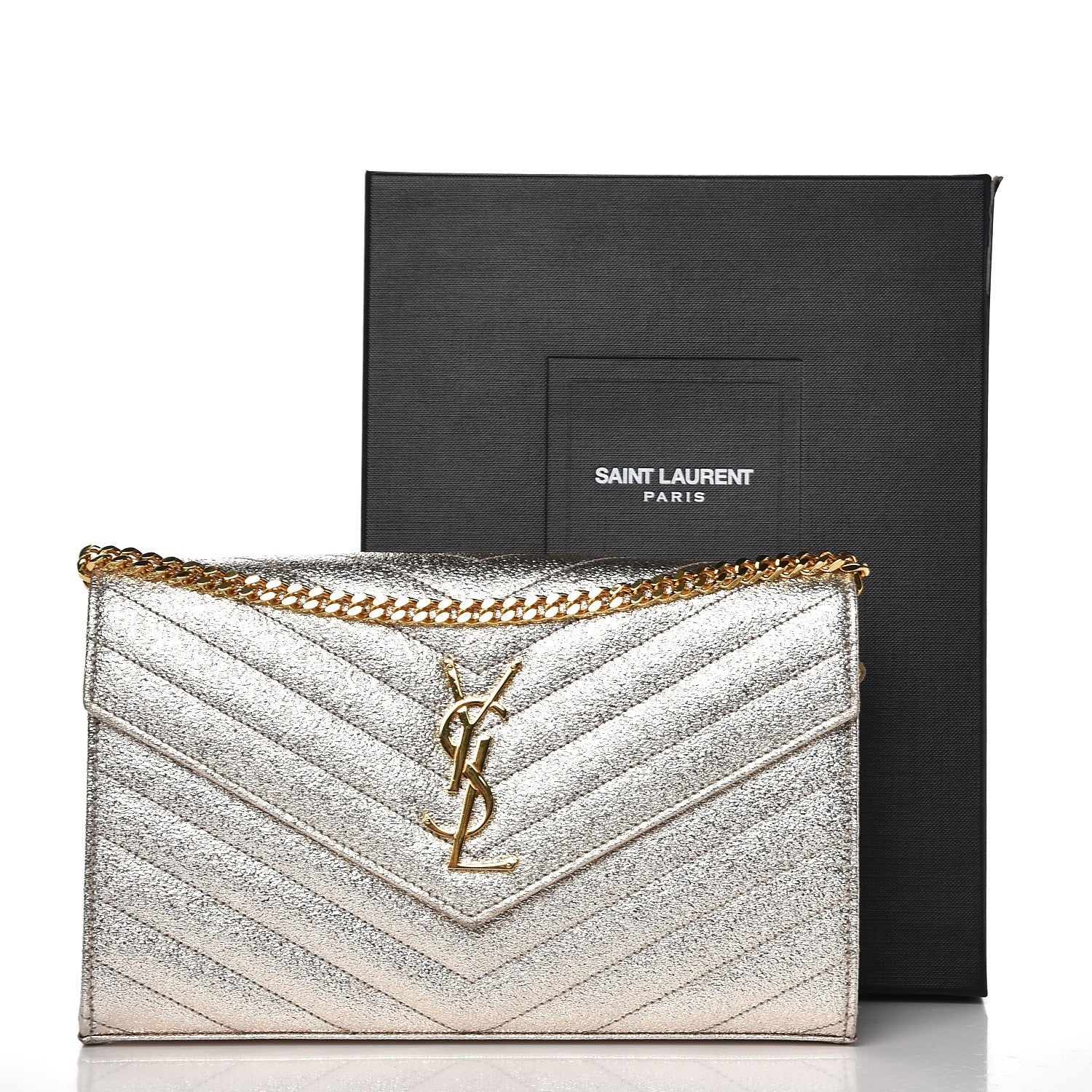 Saint Laurent Grain De Poudre Matelasse Chevron Monogram Chain Wallet Gold 7 of 7