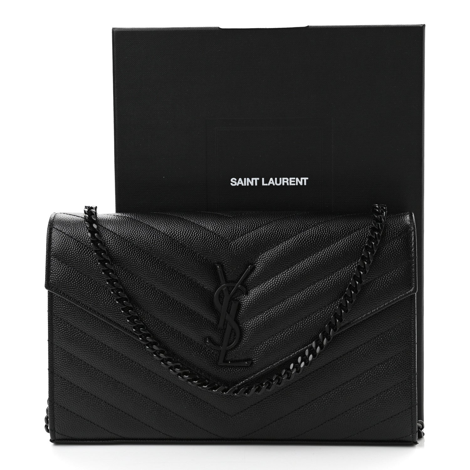 Saint Laurent Grain De Poudre Matelasse Chevron Monogram Chain Wallet Black 10 of 10