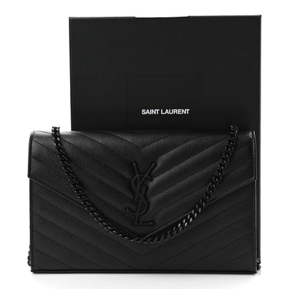 Saint Laurent Grain De Poudre Matelasse Chevron Monogram Chain Wallet Black 10 of 10