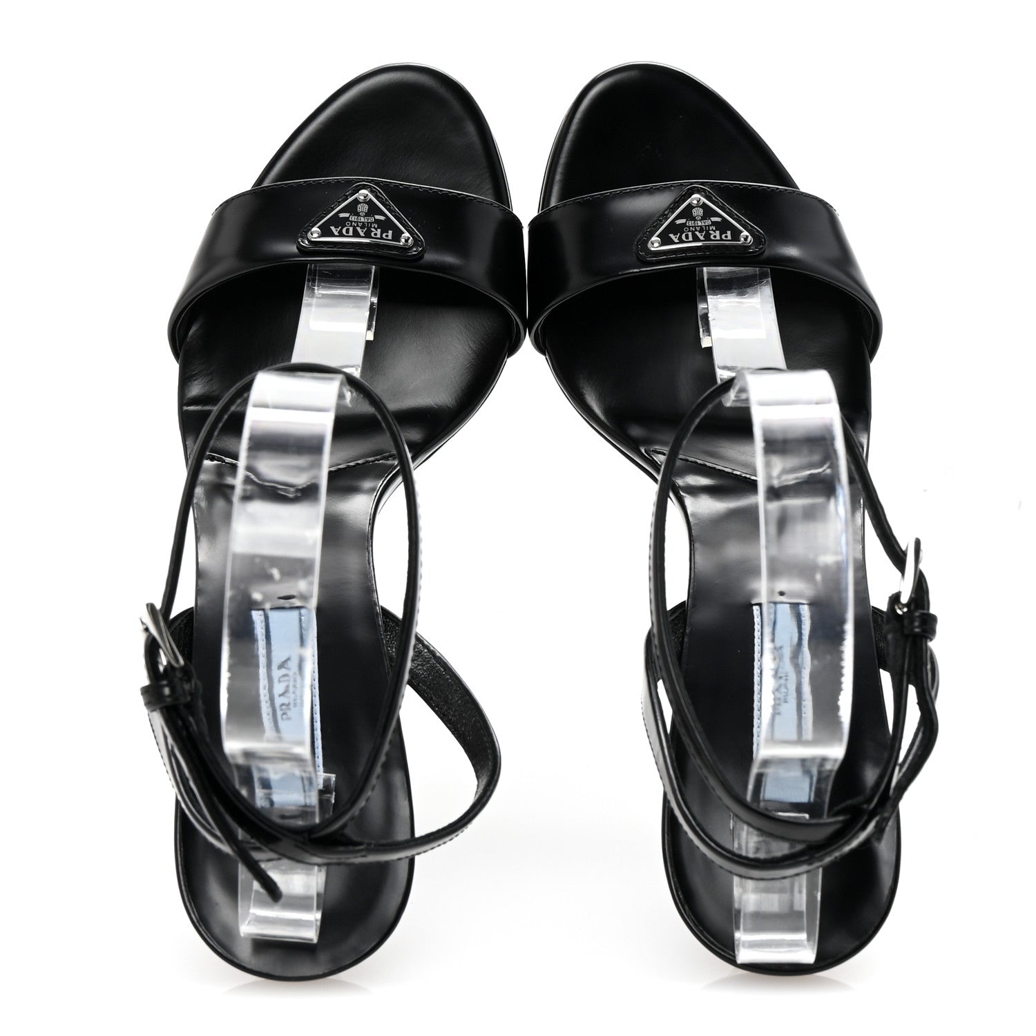 Prada Spazzolato Metal Triangle Logo Ankle Strap 100mm Sandals 37 Black 2 of 9