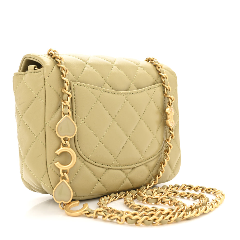 Chanel Lambskin Enamel Quilted Mini Coco Hearts Square Flap Light Green ...