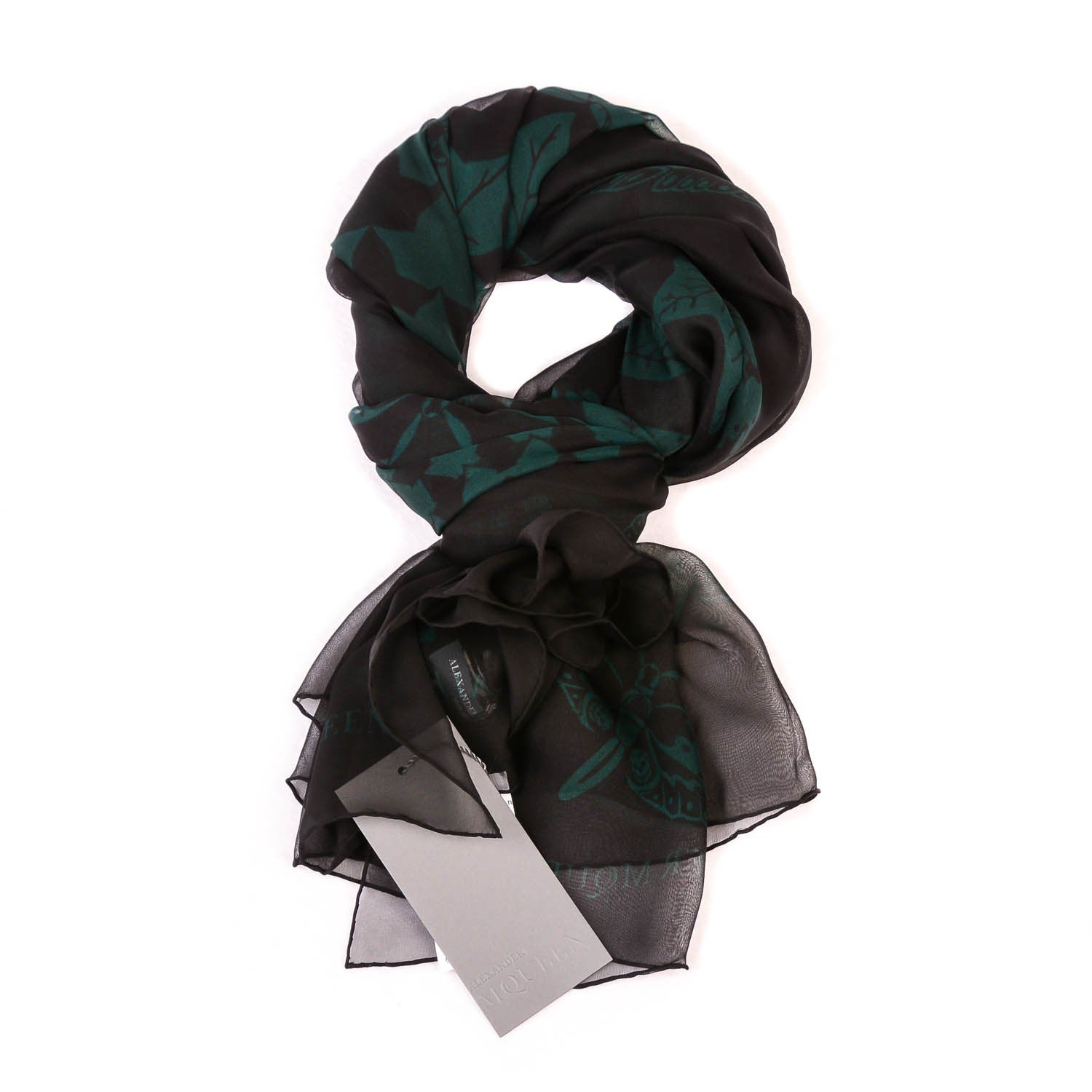 Alexander McQueen Silk Chiffon Escher Ivy Scarf Black Dark Green 1 of 7