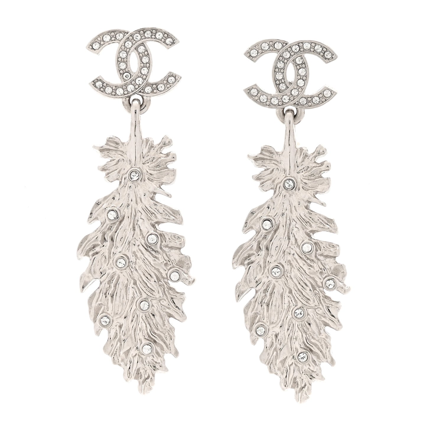 Crystal CC Feather Drop Earrings Silver