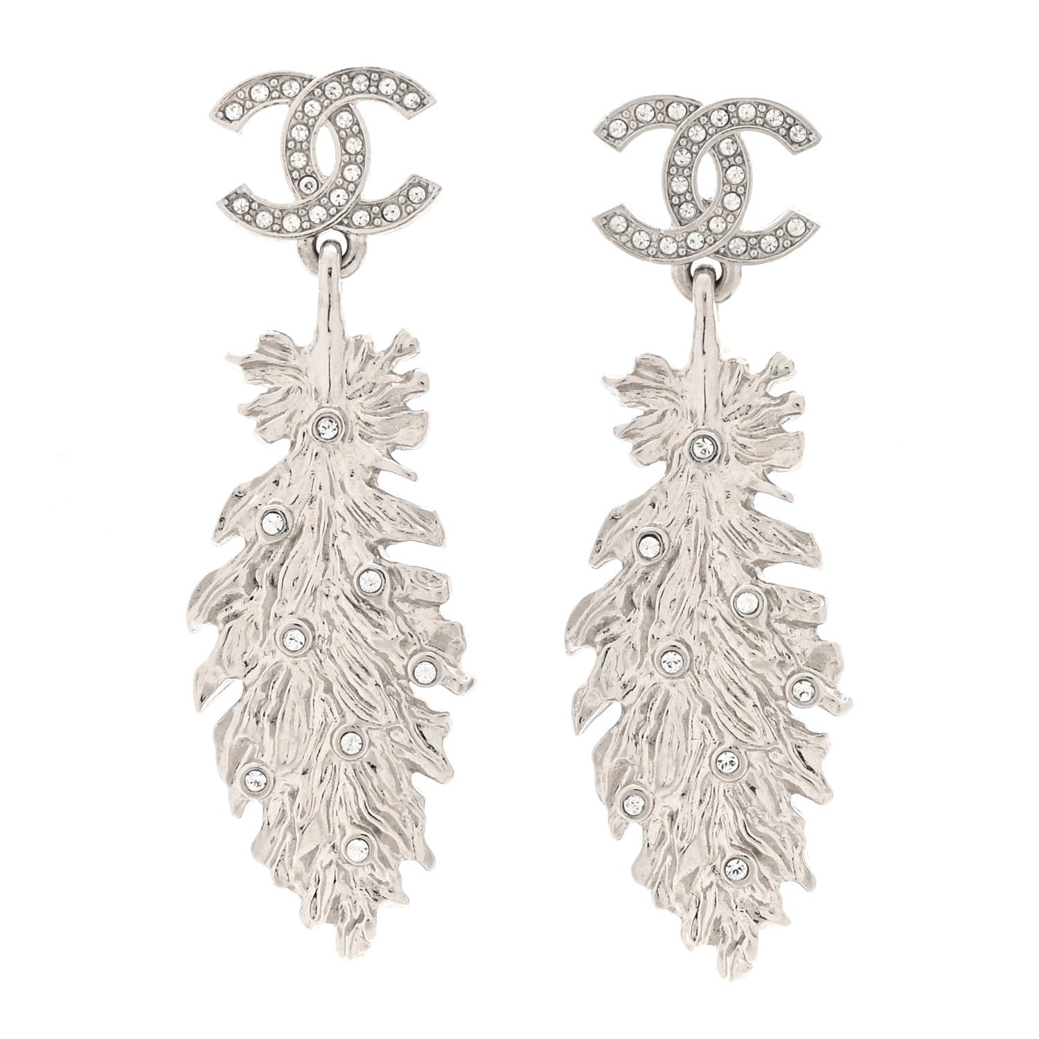 Chanel Crystal CC Feather Drop Earrings Silver 1 of 4