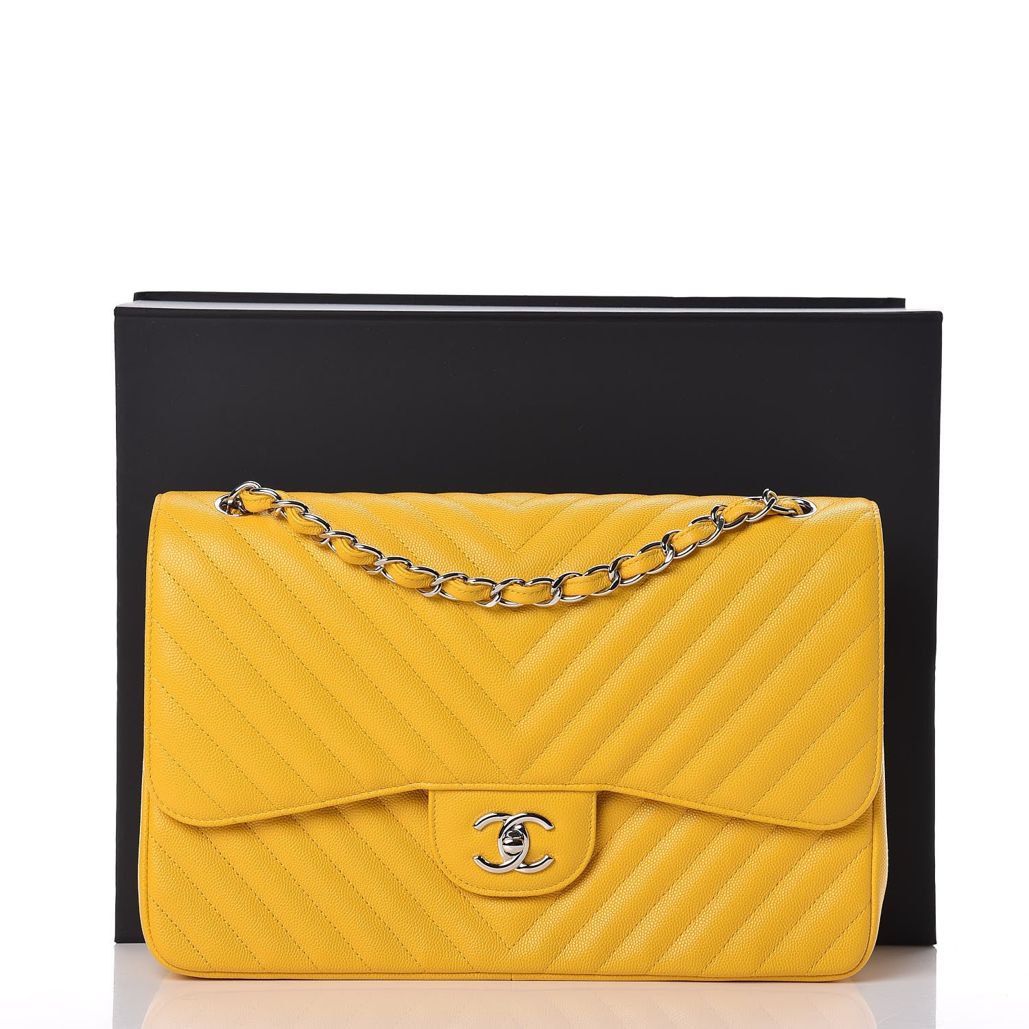 Chanel Caviar Chevron Quilted Jumbo Double Flap Yellow 11 of 11
