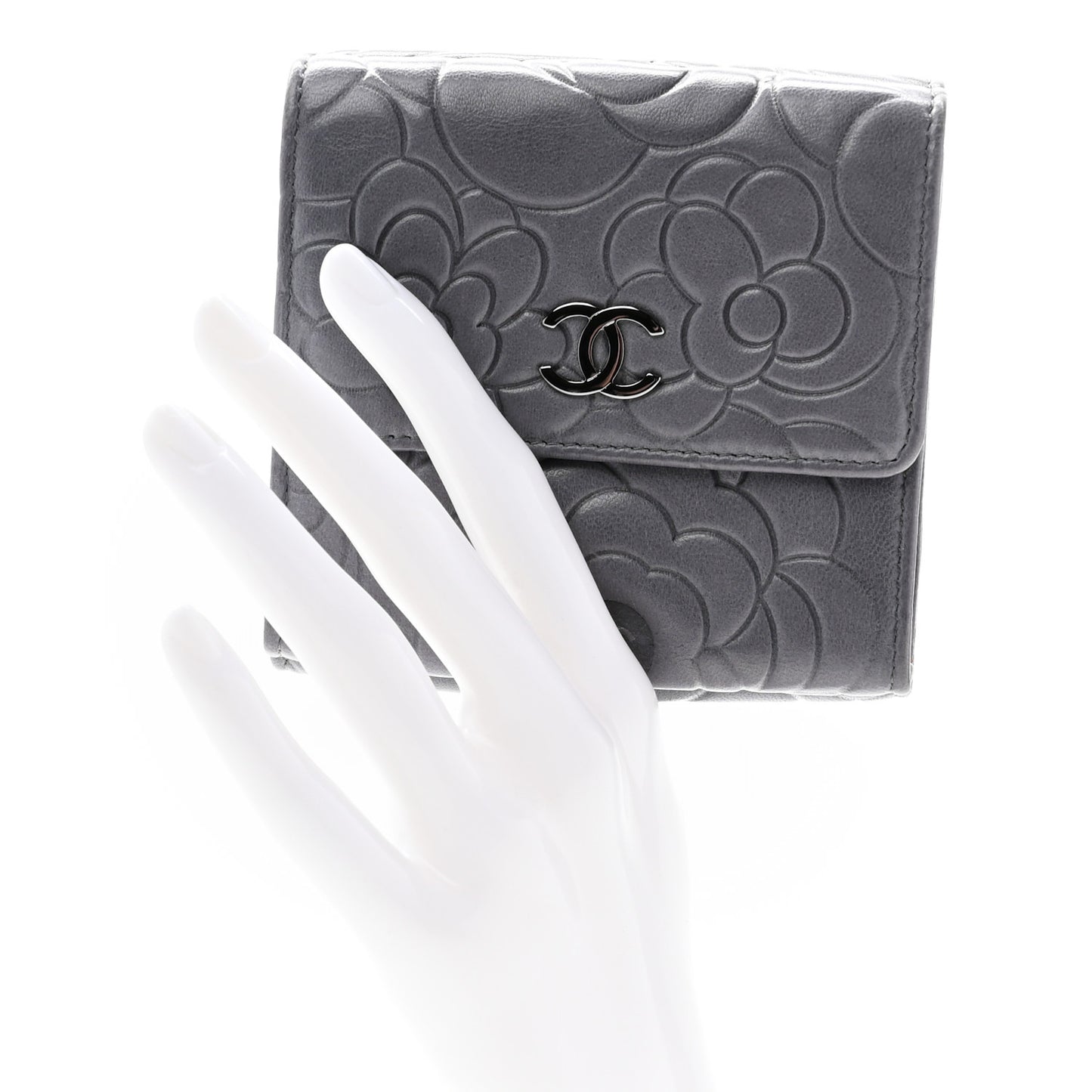 Lambskin Camellia Embossed Small Double Wallet Grey