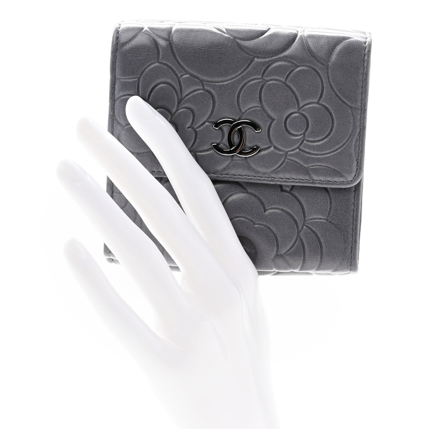 Chanel Lambskin Camellia Embossed Small Double Wallet Grey 2 of 14