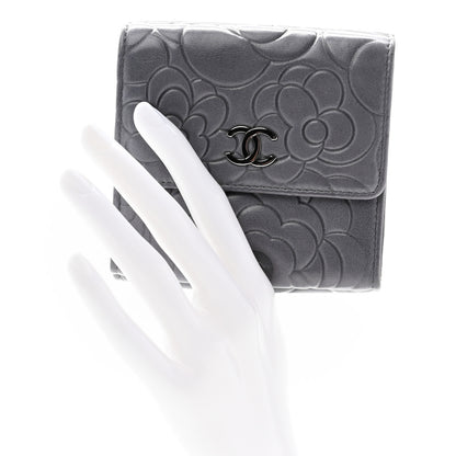 Chanel Lambskin Camellia Embossed Small Double Wallet Grey 2 of 14