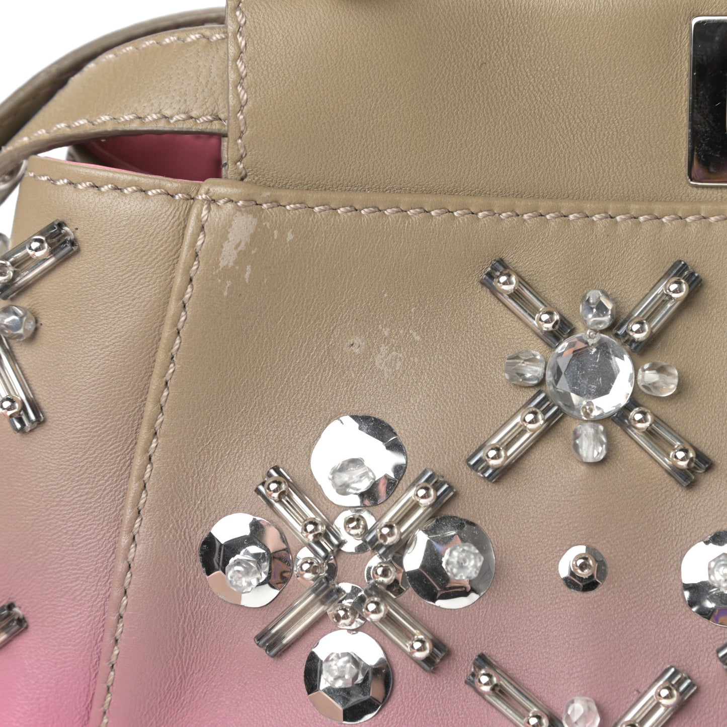 Nappa Crystal Beaded Ombre Mini Peekaboo Iconic Satchel Pink Beige