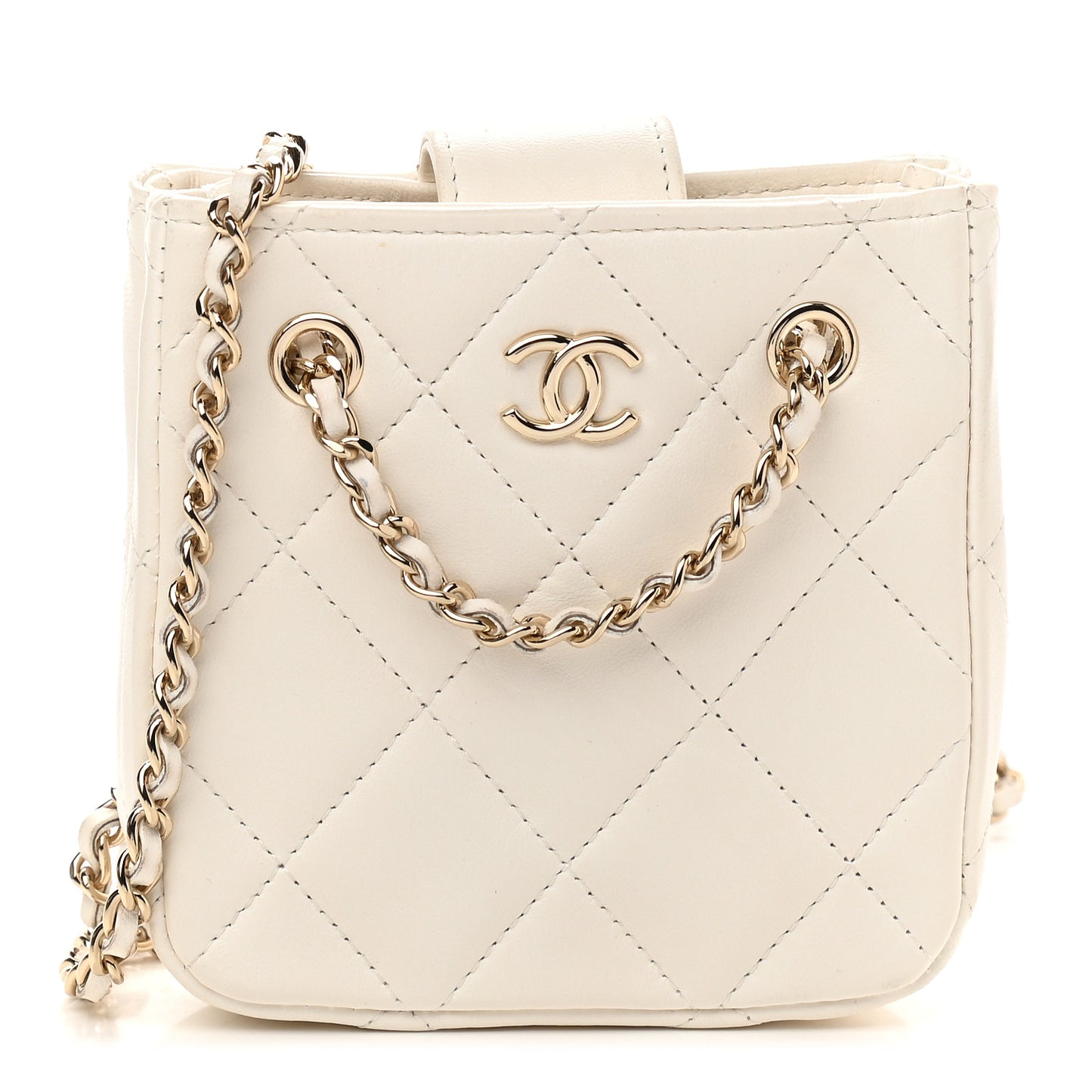 Lambskin Quilted Tiny Shopping Clutch With Chain White