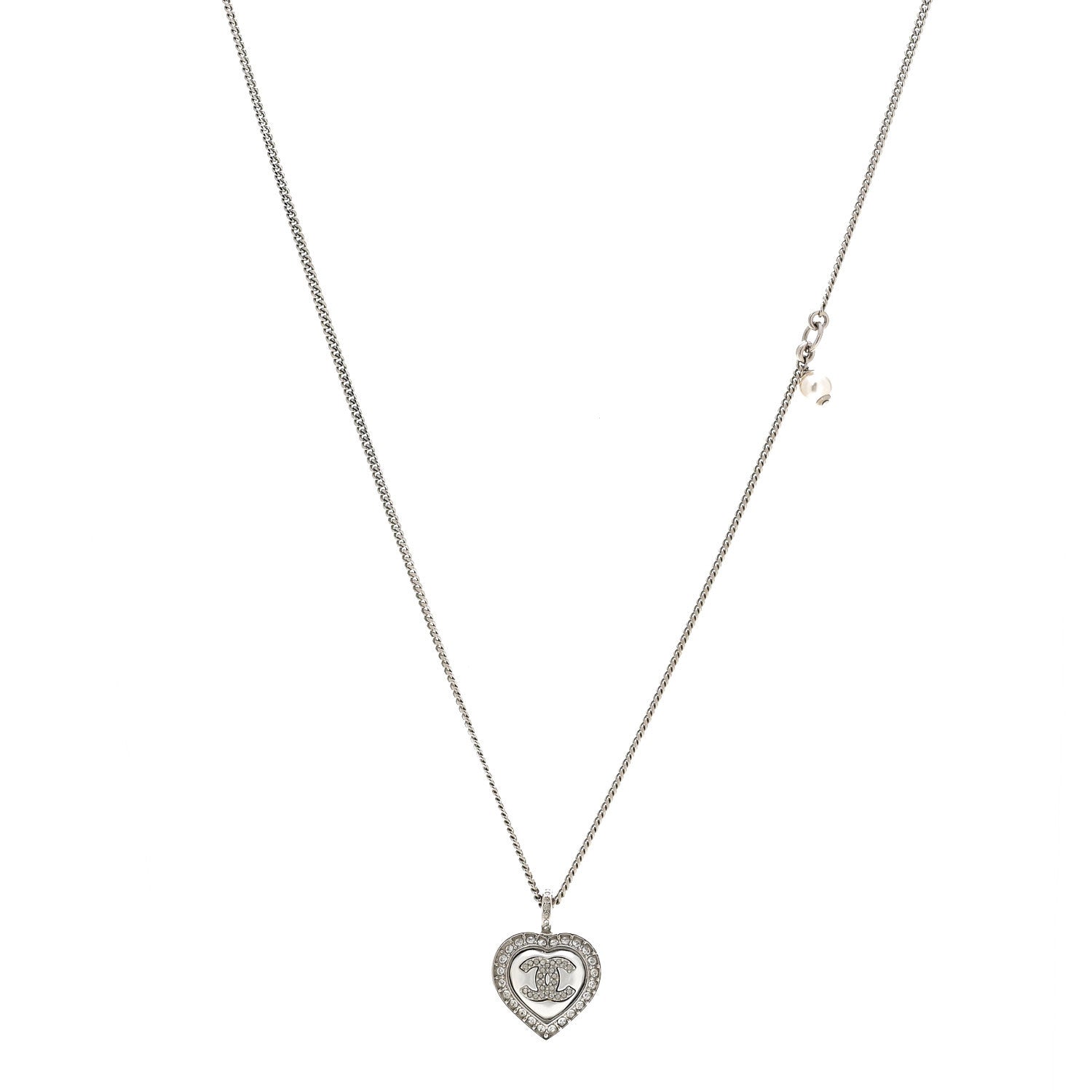 Chanel Crystal Pearl CC Heart Necklace Silver 1 of 6
