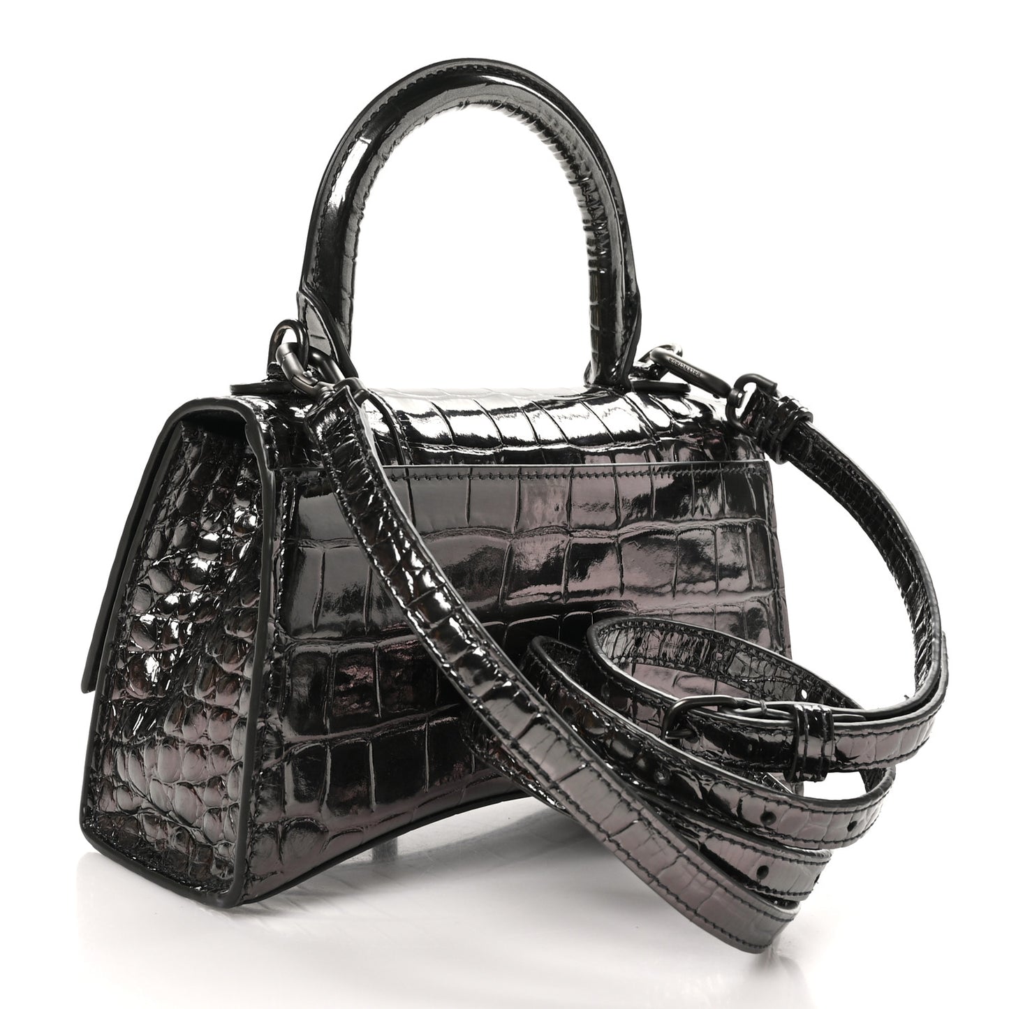 Metallic Shiny Calfskin Crocodile Embossed Hourglass Top Handle Bag XS Gunmetal
