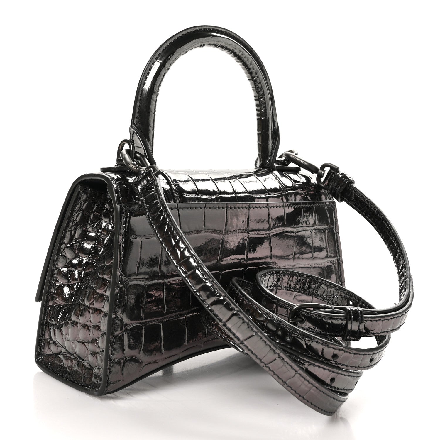 Balenciaga Metallic Shiny Calfskin Crocodile Embossed Hourglass Top Handle Bag XS Gunmetal 3 of 10