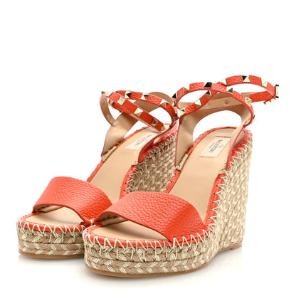 Valentino Garavani Grained Calfskin Rockstud Ankle Strap Espadrille Wedge Sandals 40 Titian Natural 2 of 7