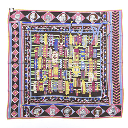 Hermes Silk Carre Wash Colliers de Chiens Scarf 90 Marron Rose Multicolor 1 of 5
