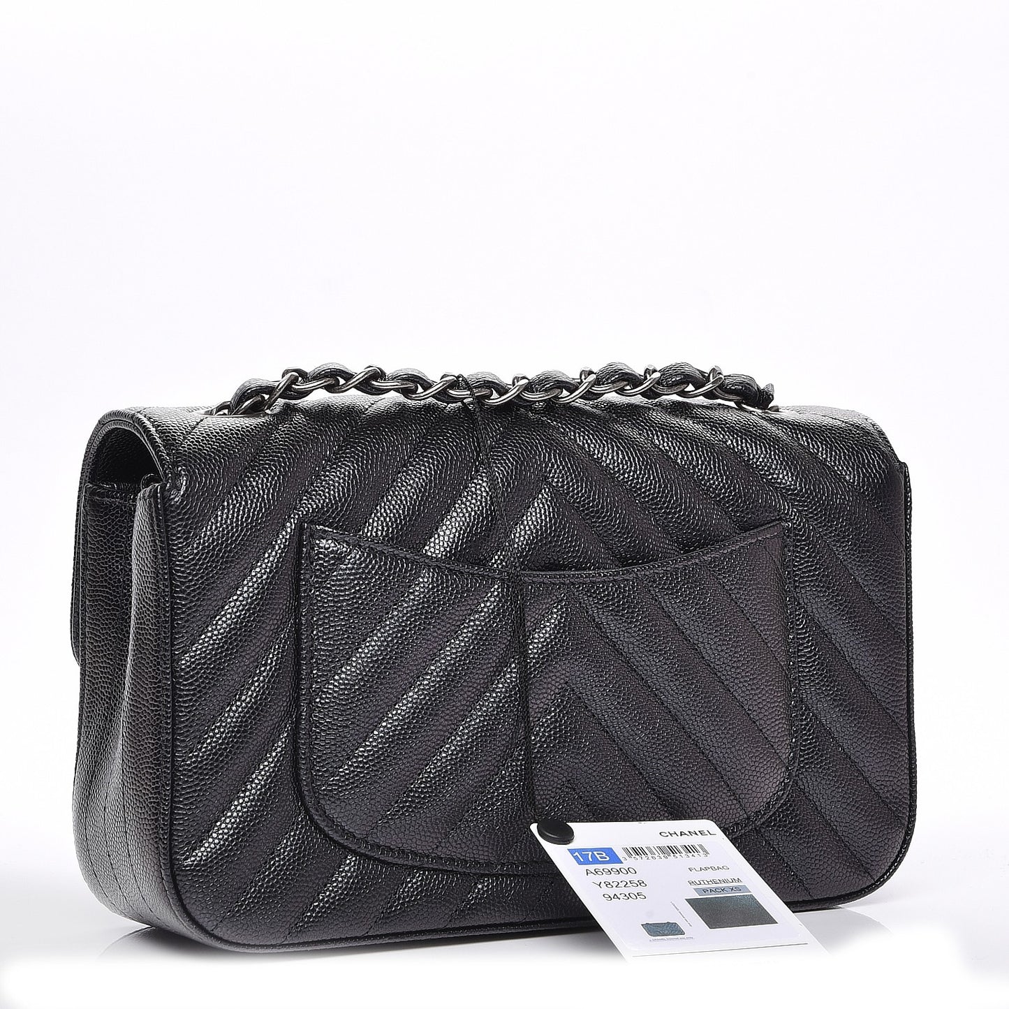 Metallic Caviar Chevron Quilted Mini Rectangular Flap Black
