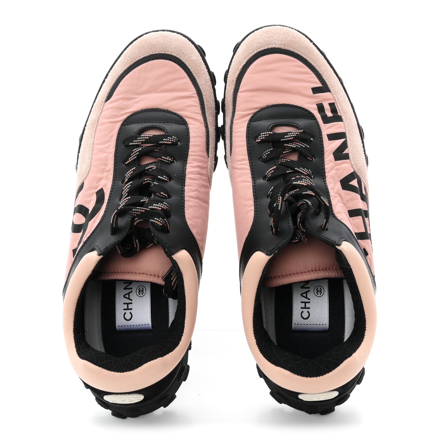 Chanel Nylon Calfskin Suede CC Womens Sneakers 37.5 Pink Black