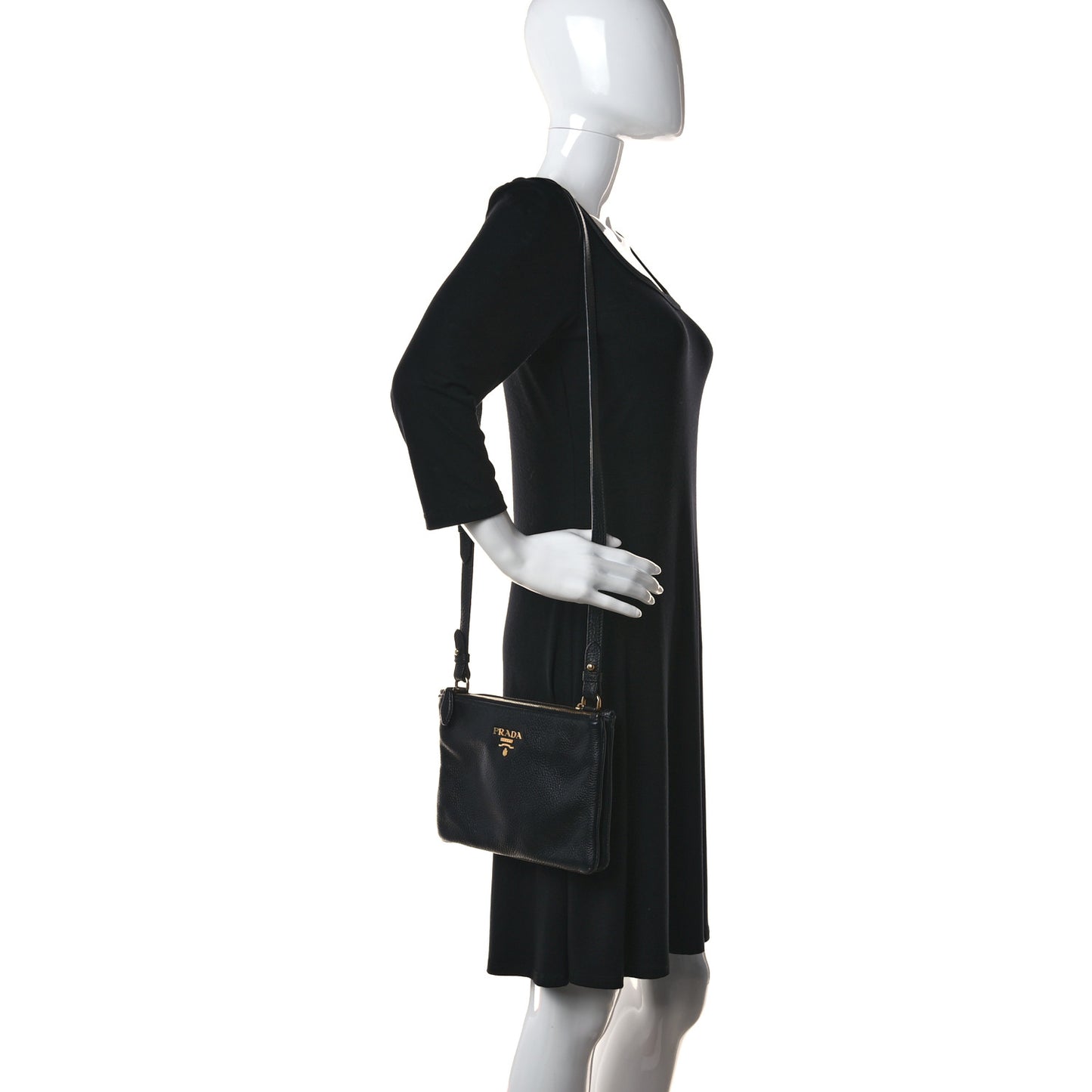 Vitello Daino Double Zip Crossbody Bag Black